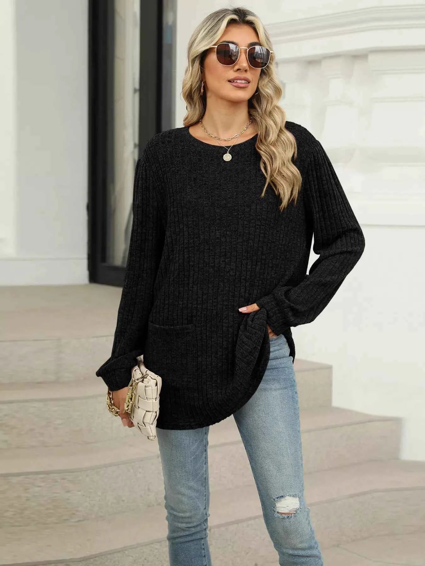 Ribbed Knit Long Sleeve T-Shirt 5ef6949ff6f0468188e266fc3e5a6749-Max-Origin