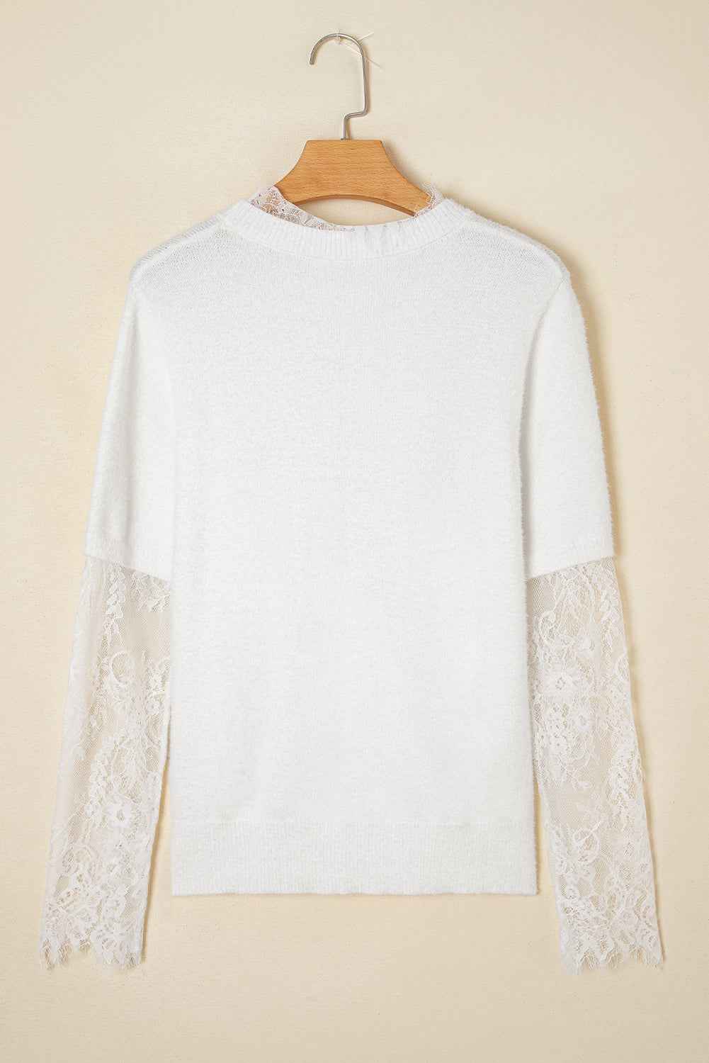 Beige Lace Sleeve Patchwork Faux Two-piece Fuzzy Sweater 5ef9d26649f59485