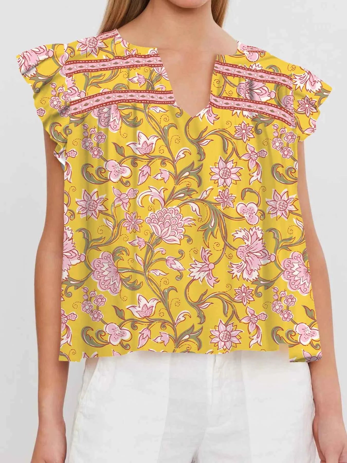 Floral Notched Neck Ruffled Sleeve Casual Blouse Gold 5f03ac96e2c44f0f88b5a2421b06d677-Max-Origin