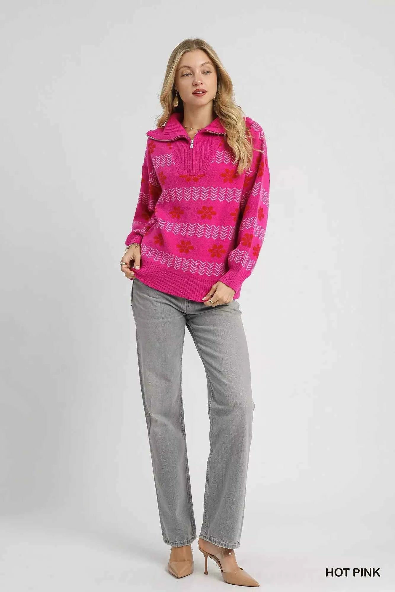 Umgee Floral Patterned Jacquard Quarter-Zip Pullover Sweater 5f62d712-3edd-46e8-9329-8a8a5d14e3ff-Max-Origin