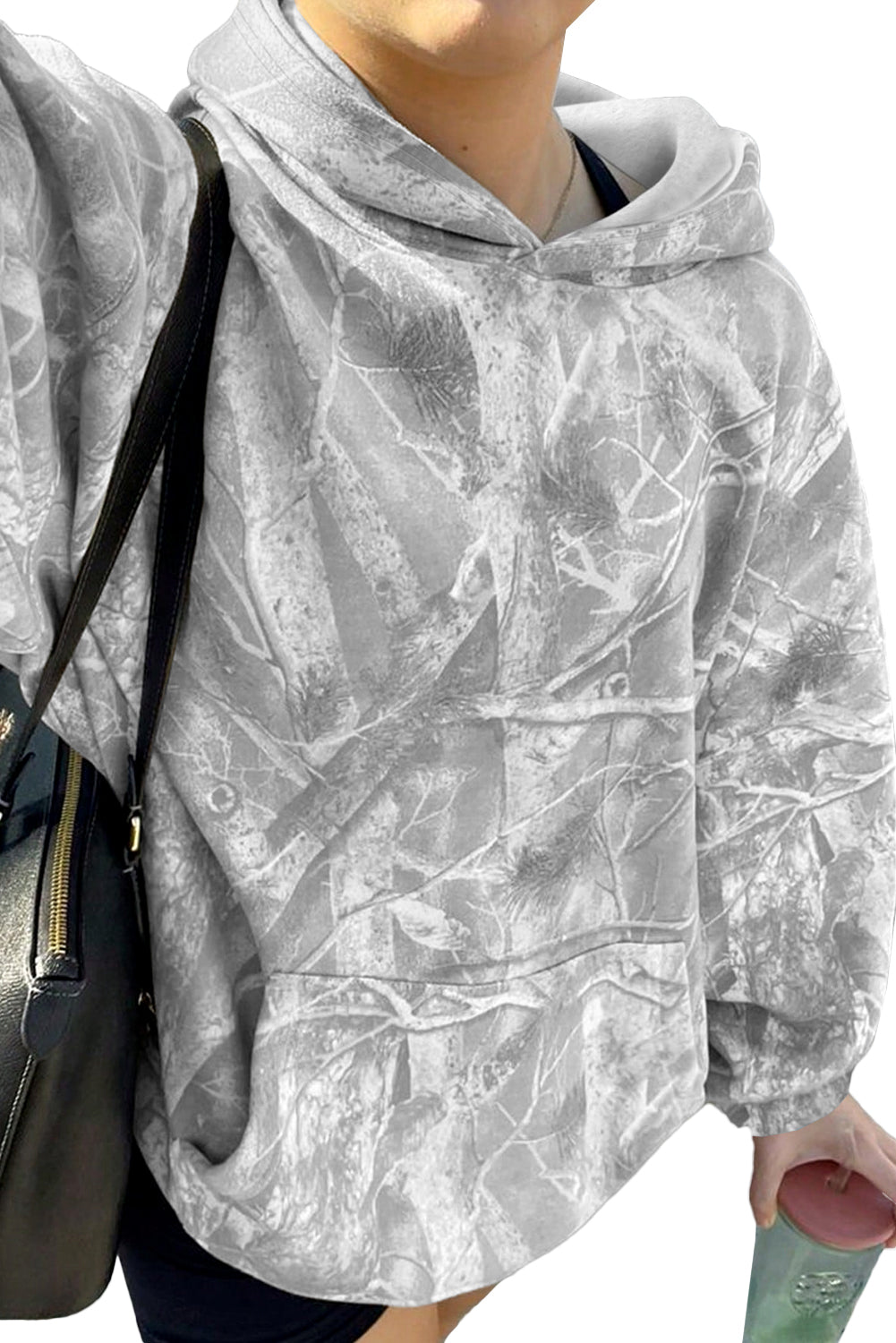Gray Camouflage Maple Leaf Print Kangaroo Pocket Oversized Hoodie Gray 100%Polyester 5f9bd9f1b029b7be