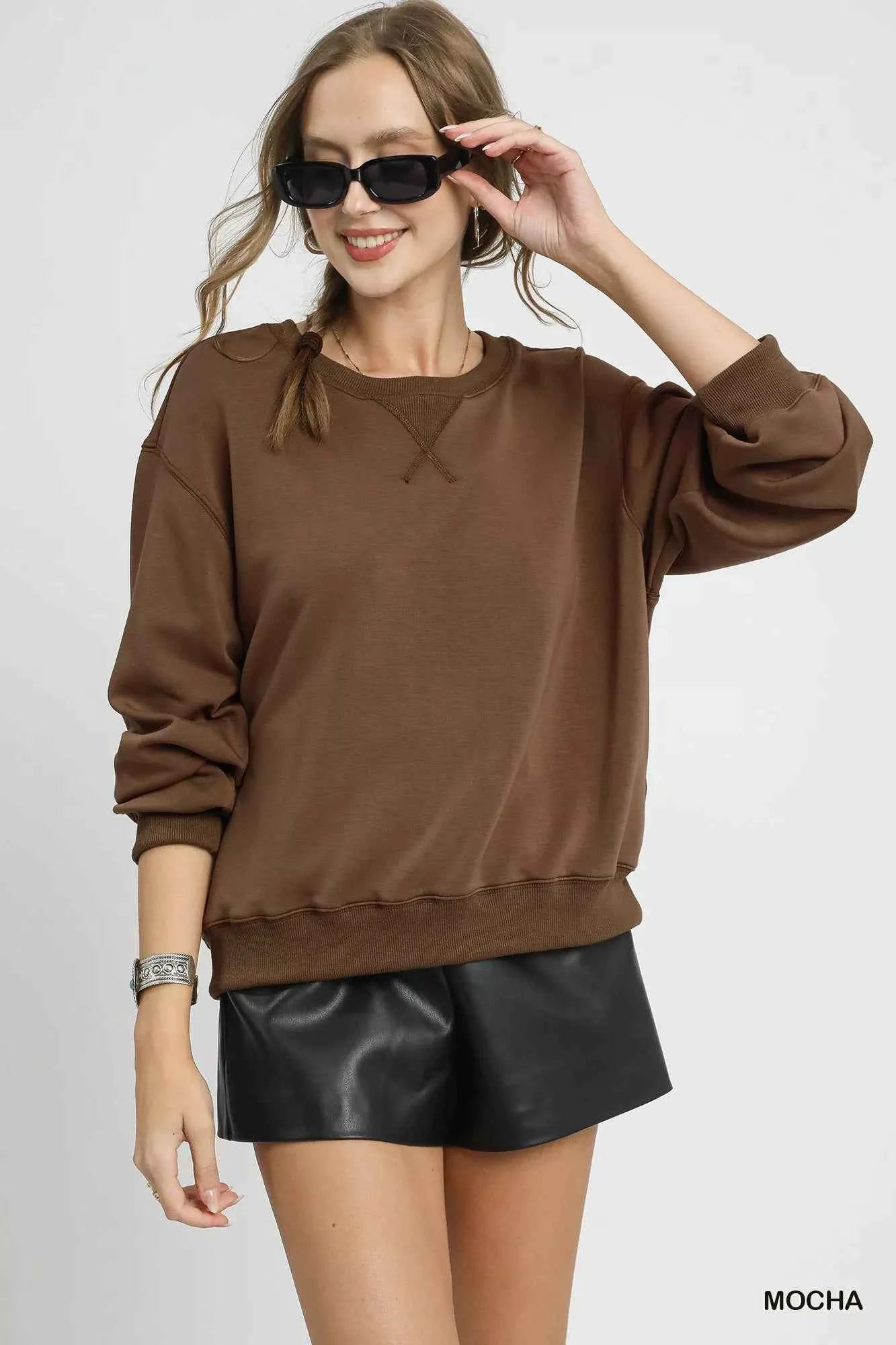 Umgee Round Neck Long Sleeve Fleece Sweatshirt Mocha 5fa01f1d-cc74-4fbf-8dde-45f6a0814163-Max-Origin