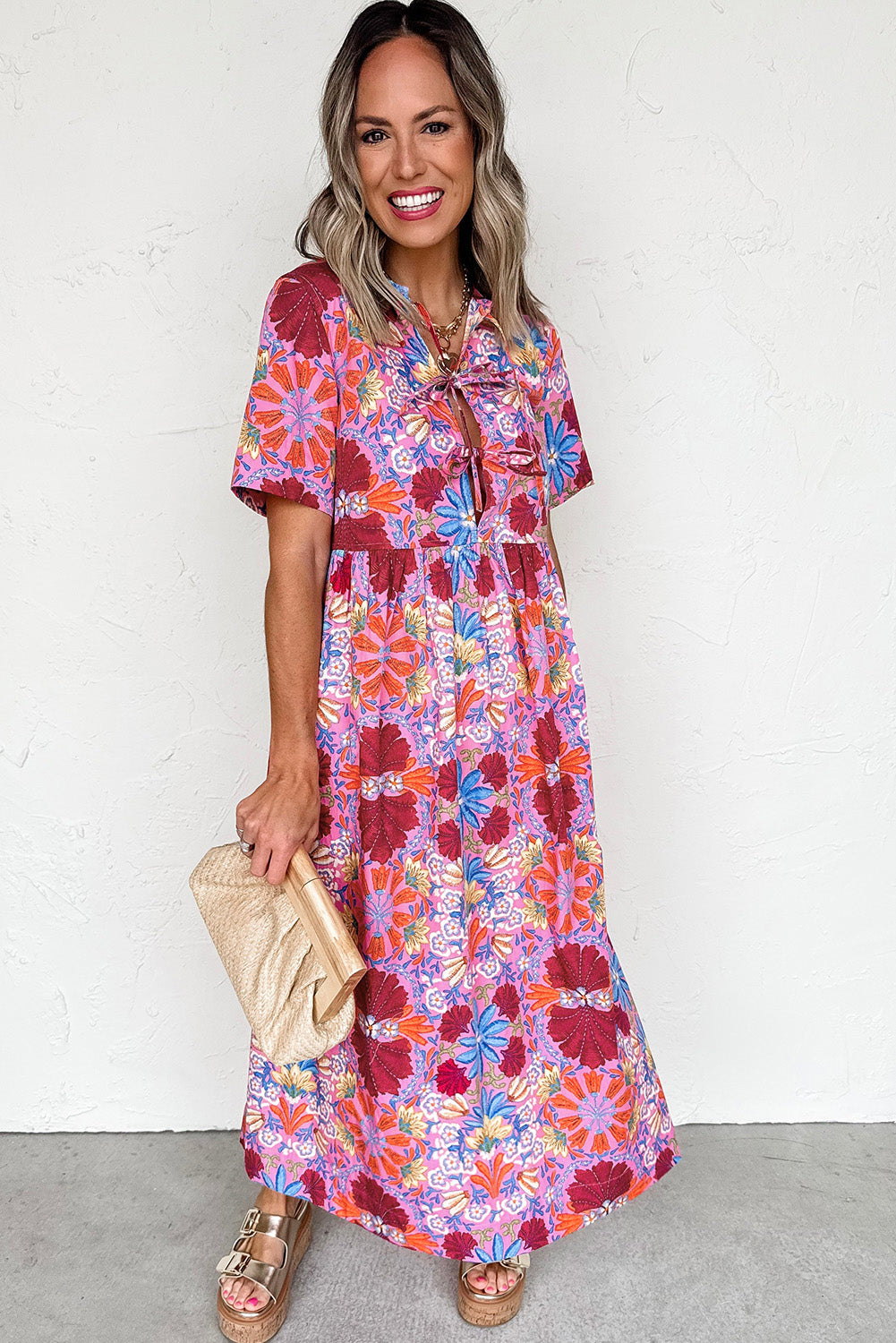 Rose Floral Print Tie Front High Waist Loose Midi Dress 5fea03adc5305e46