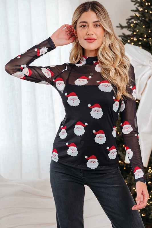 Santa Christmas Mesh Long Sleeve Top
