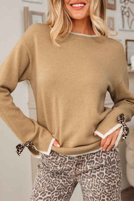Leopard Bow Split Cuff Contrast Trim Sweater 6002f4f4-3902-49c6-88f8-33b8c888a92f
