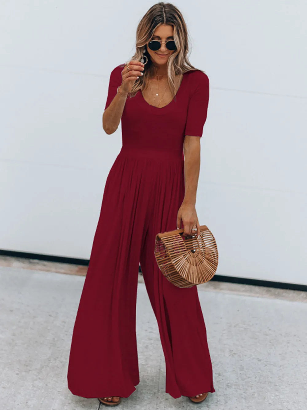 Scoop Neck Short Sleeve Jumpsuit Burgundy 60518146-8550-4e1f-85e9-81181af82d35-Max