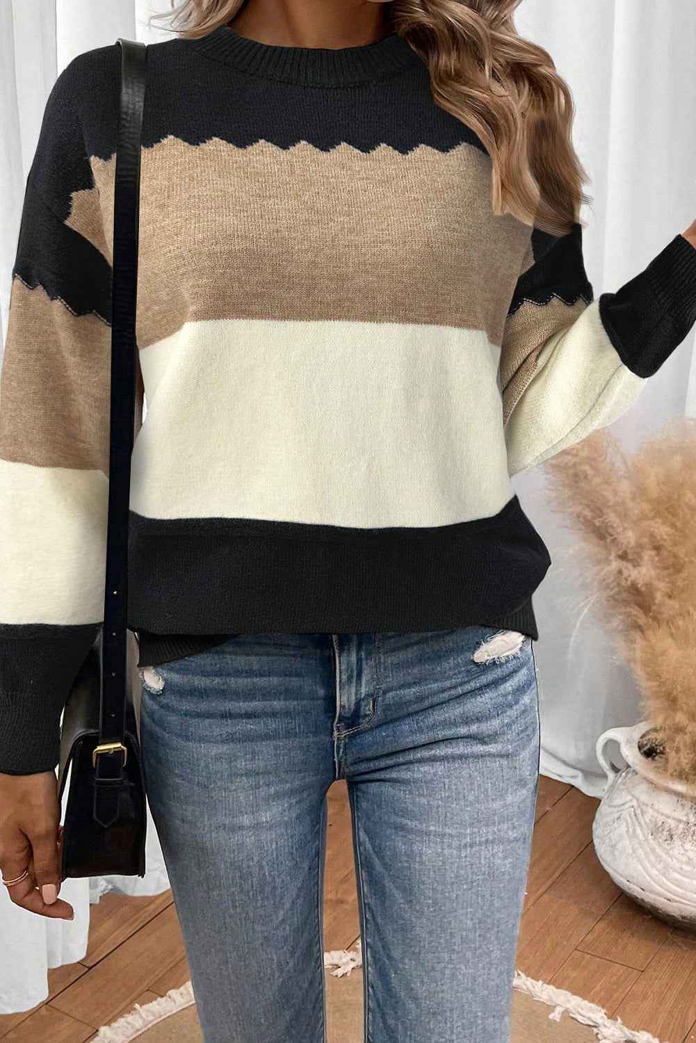 Black Colorblock Crew Neck Drop Shoulder Sweater 60c97cfe886d1399