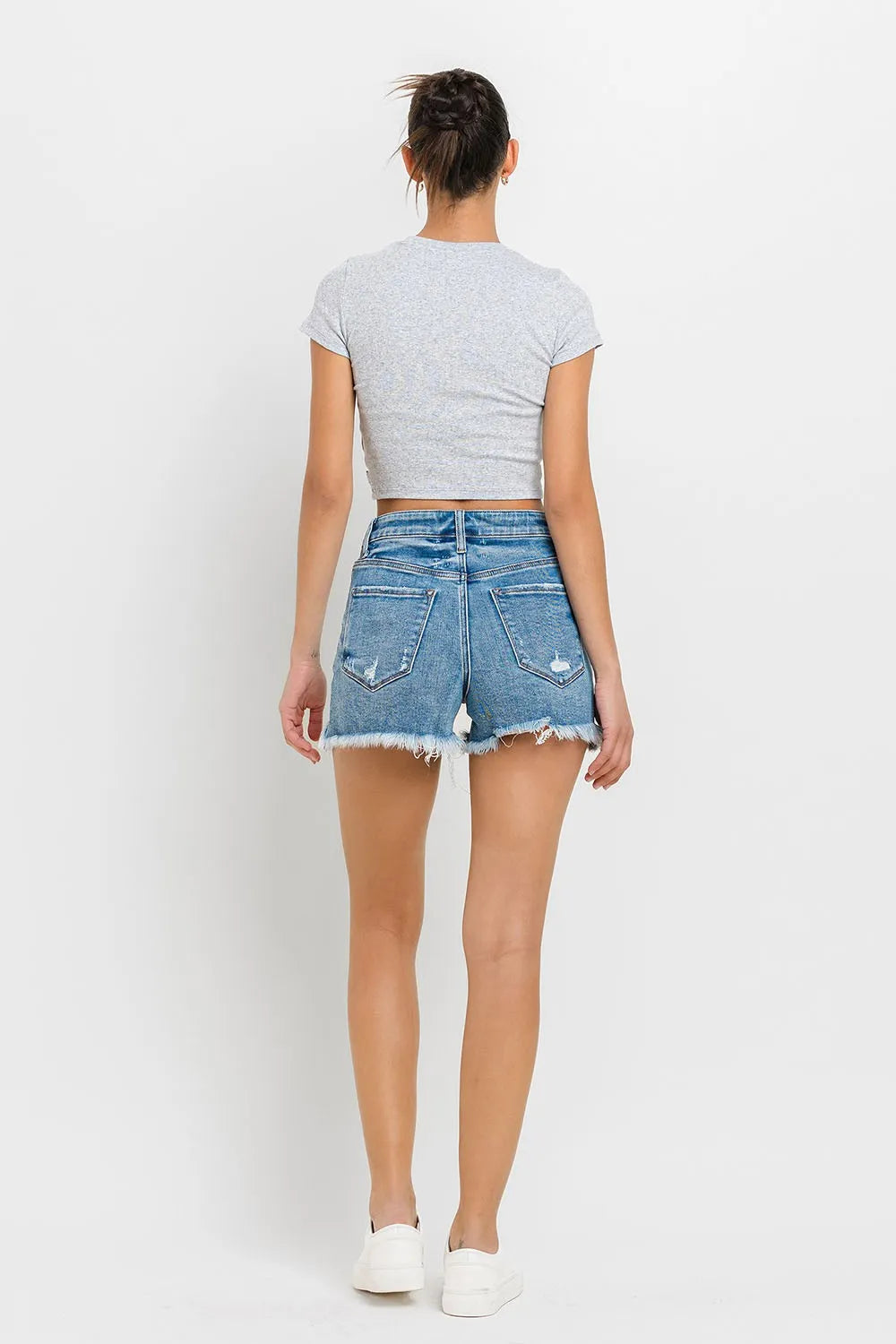 Lovervet Stepped Waist Raw Hem Denim Shorts 60e92c4f-e686-4a0f-b565-6ef606c6ceb8-Max