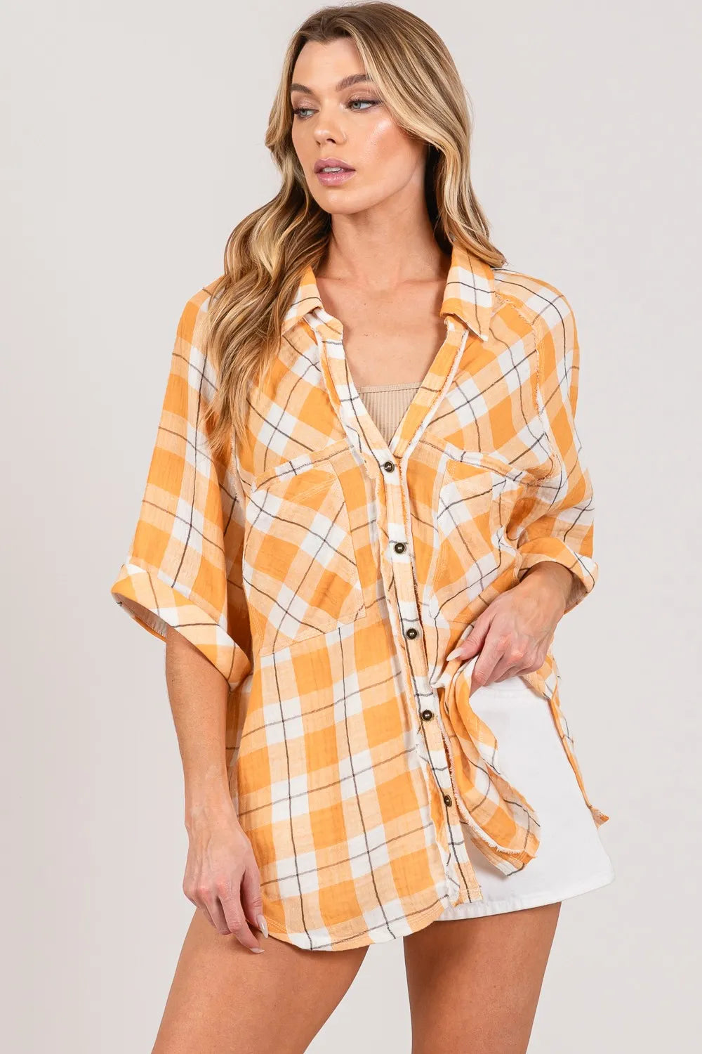 SAGE + FIG Plaid Button Up Side Slit Shirt 6100e562-1805-4197-bd9a-f1e5662f4419-Max