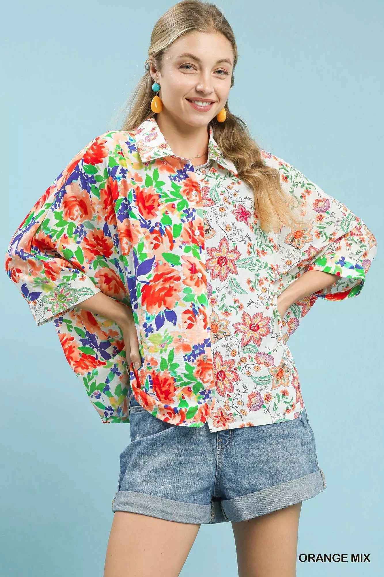 Umgee Mixed Floral Oversized Button Down Shirt ORANGE MIX 614adc73-c5b6-495d-ba86-0aa4b3f0fb1a-Max-Origin