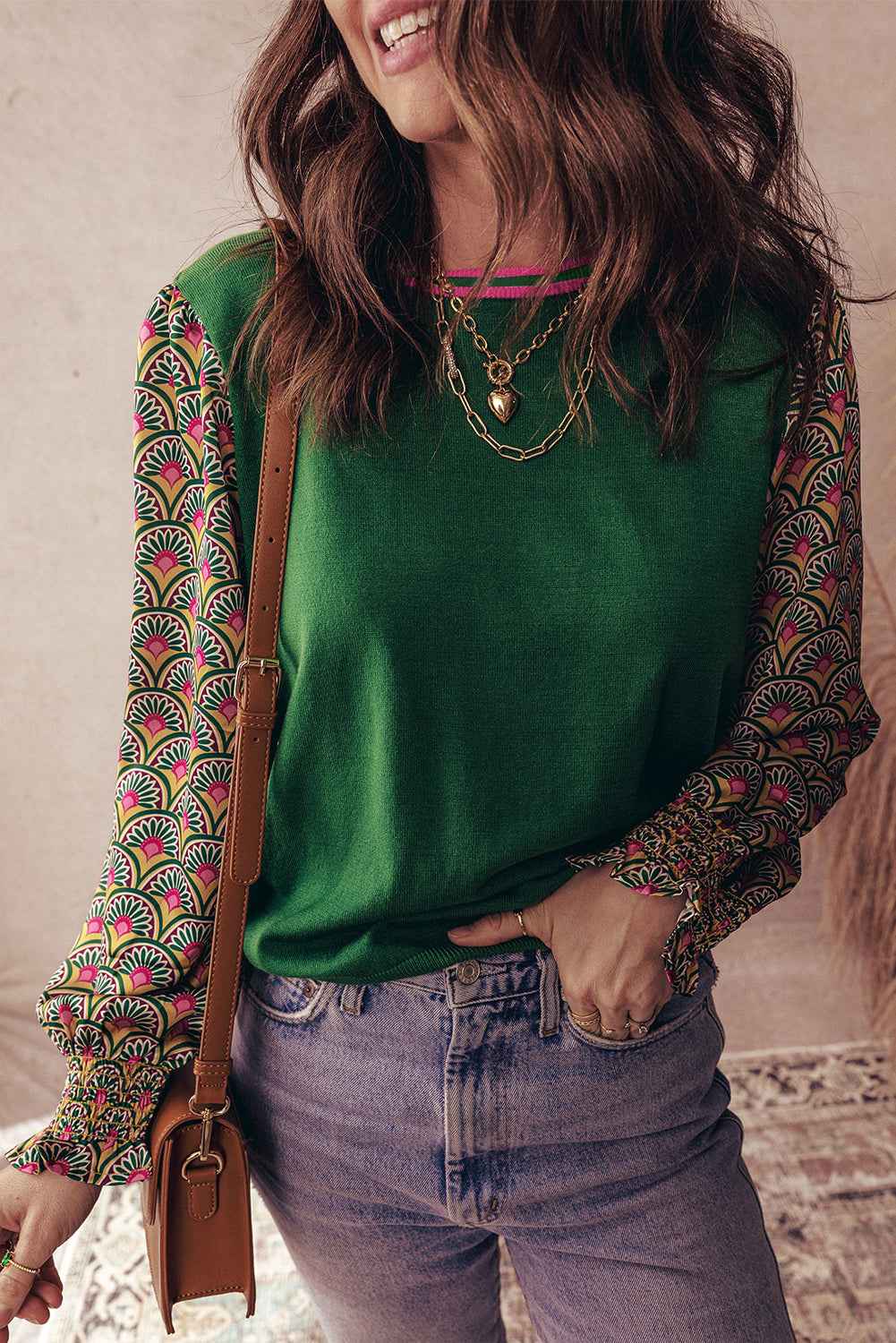 Blackish Green Floral Patchwork Shirred Cuff Puff Sleeve Sweater Blackish Green 52%Viscose+26%Polyester+22%Polyamide 614daea531659ec6