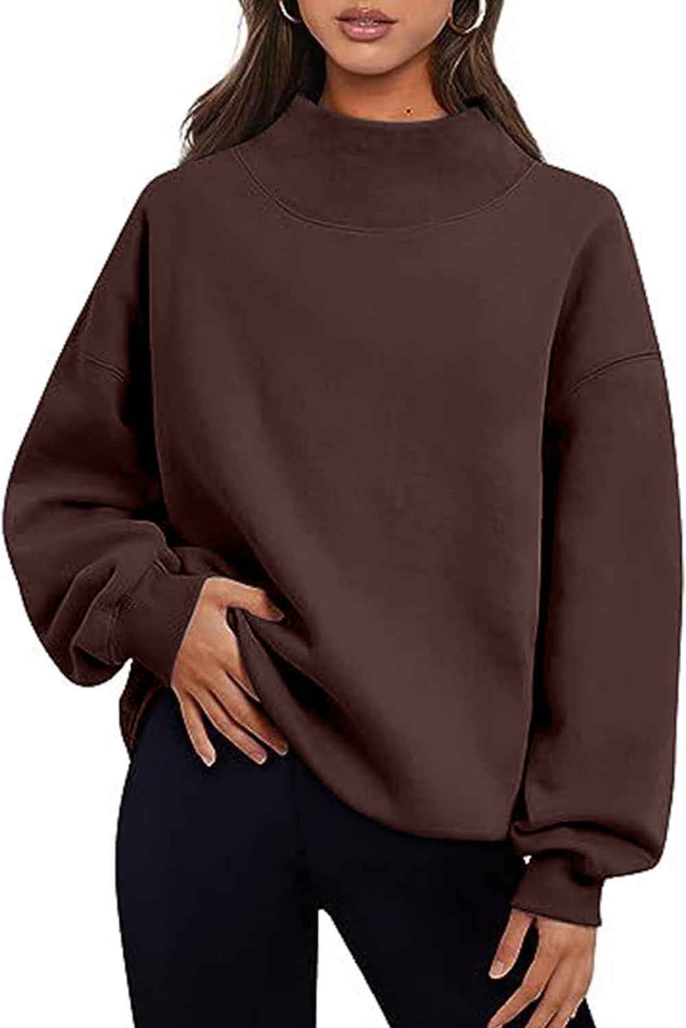 Chicory Coffee Solid Color High Neck Long Sleeve Loose Sweatshirt Chicory Coffee 95%Polyester+5%Elastane 615e88082aae5fb1