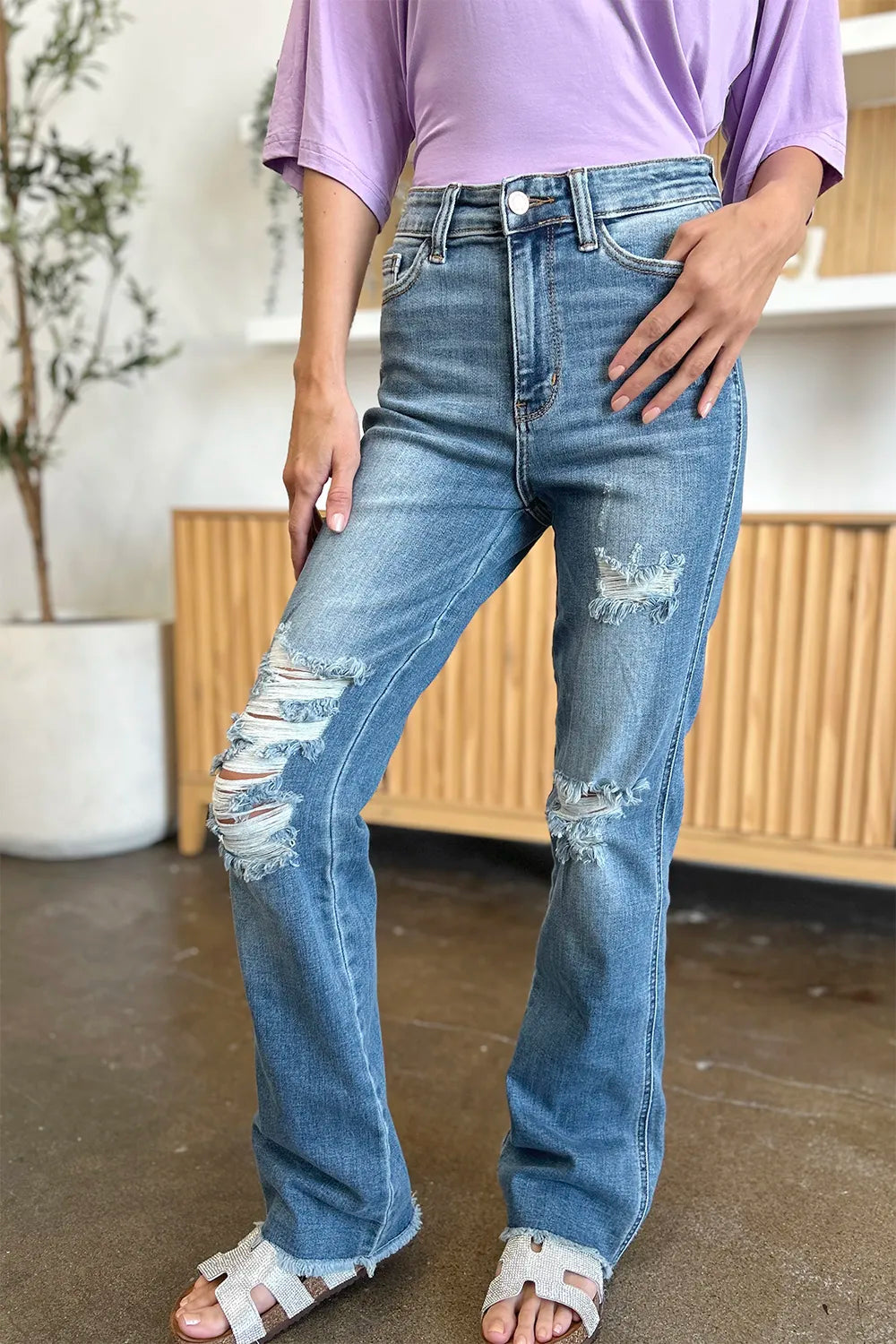 Judy Blue Full Size Distressed Raw Hem Bootcut Jeans 617624d2-65e5-430d-9da1-af5a07c01749-Max