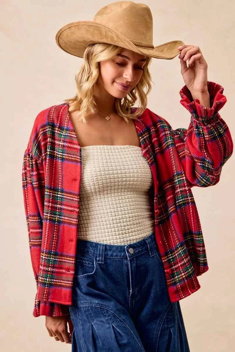 BiBi Christmas Plaid V-Neck Flounce Sleeve Jacket 62029ff4a25840388a6f94bda9608d20-Max-Origin