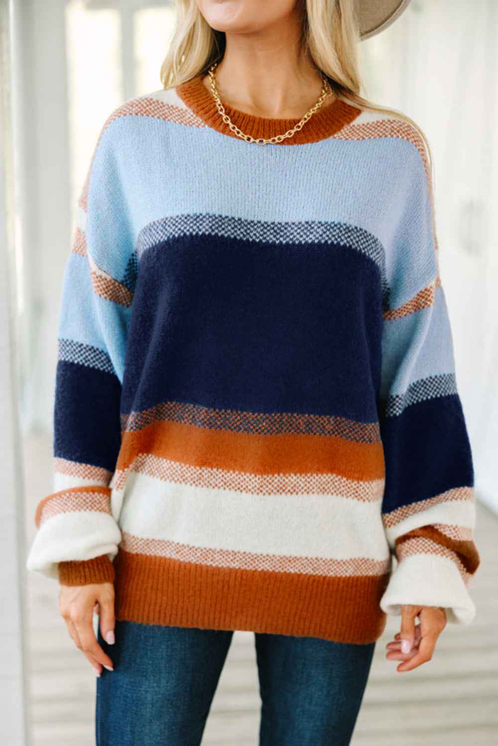 Dark Blue Color Block Round Neck Tunic Sweater 623bdfd140385d53