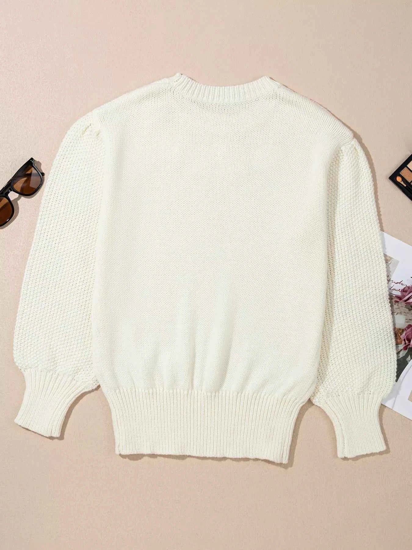 Flower Detail Round Neck Contrast Textured Puff Sleeve Sweater 62cac6d993e24174b46715ad944cff9b-Max-Origin