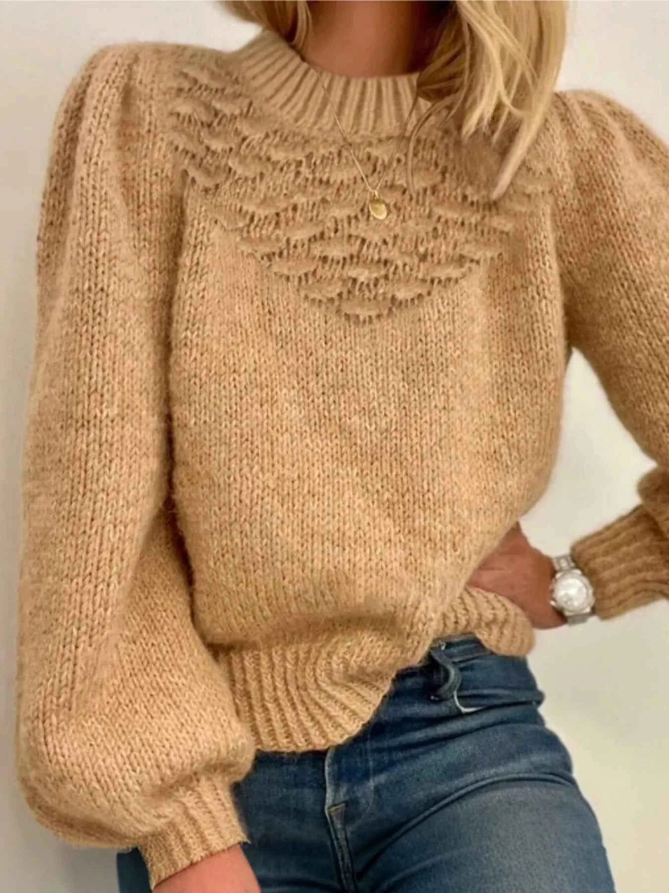 Textured Knit Round Neck Long Sleeve Sweater Khaki 63bb1941-9790-44cf-bc0a-0701265bd037-Max-Origin