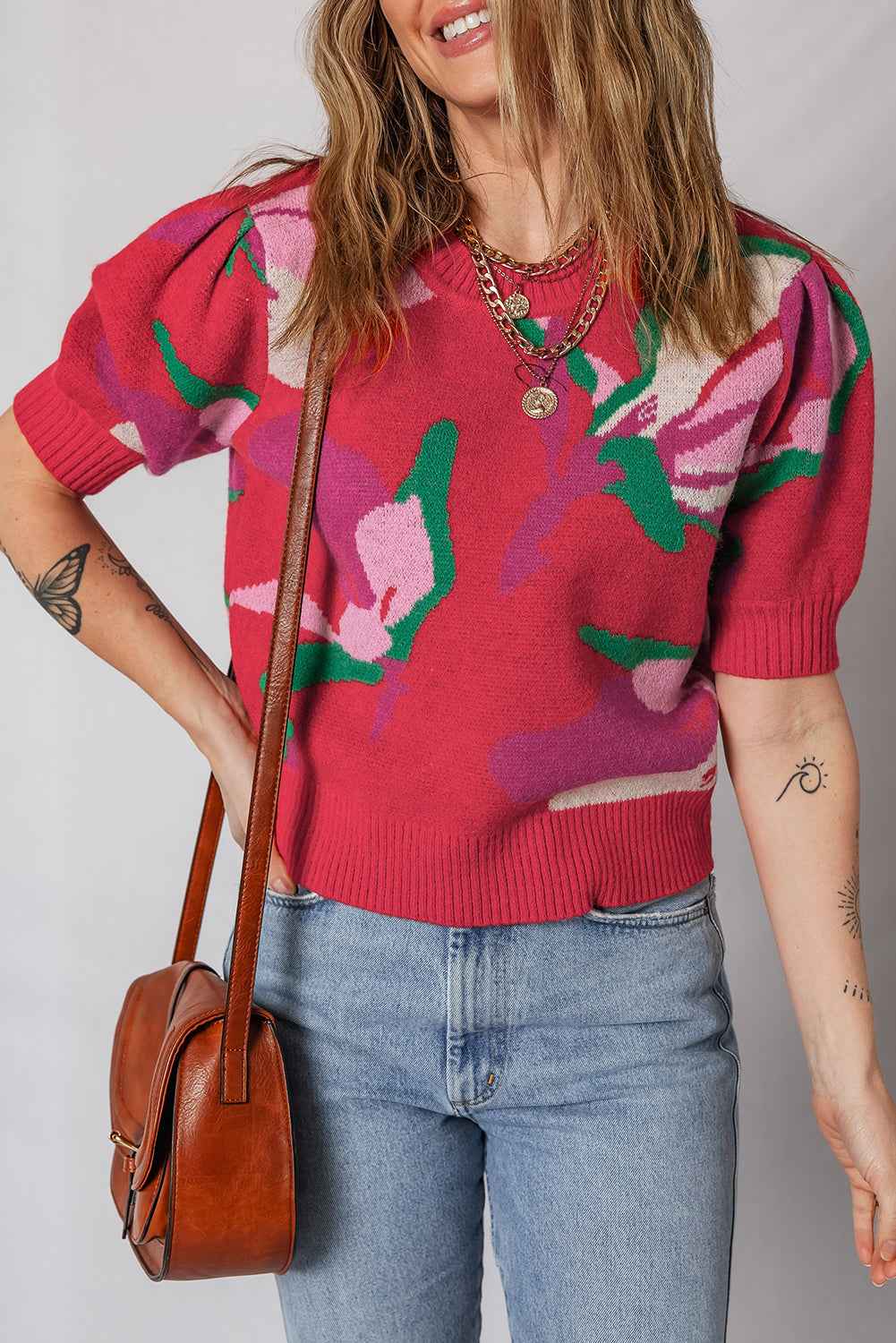 Red Floral Abstract Print Short Puff Sleeve Sweater 63d6d3a29eb7757a