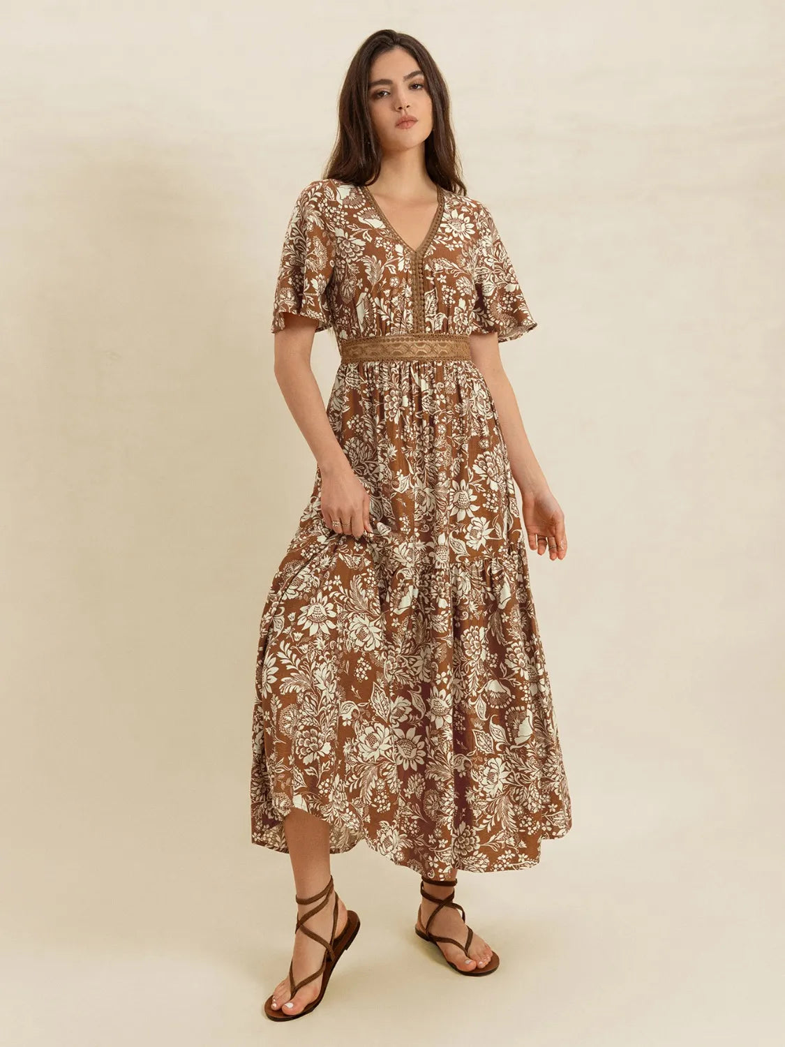 Lace Detail Printed Short Sleeve Midi Dress Camel 64557566-4a6e-408c-9aee-816521a9e634-Max-Origin