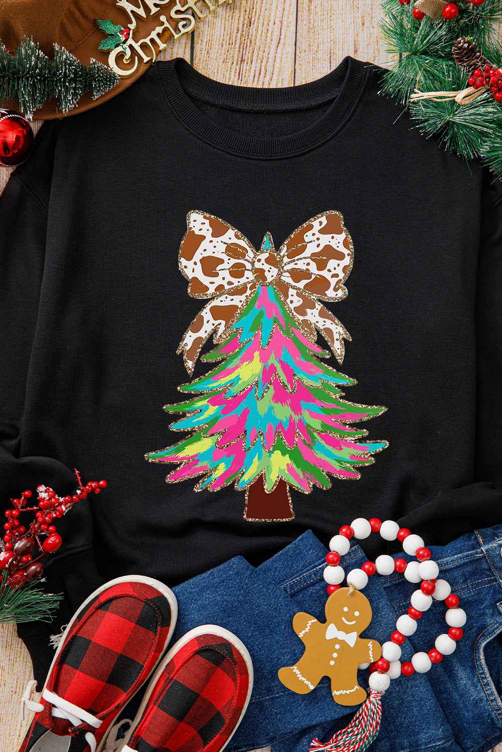 Black Shiny Bowknot Christmas Tree Graphic Heat Transfer Printing Round Neck Sweatshirt 64d1c4b3cb48f903