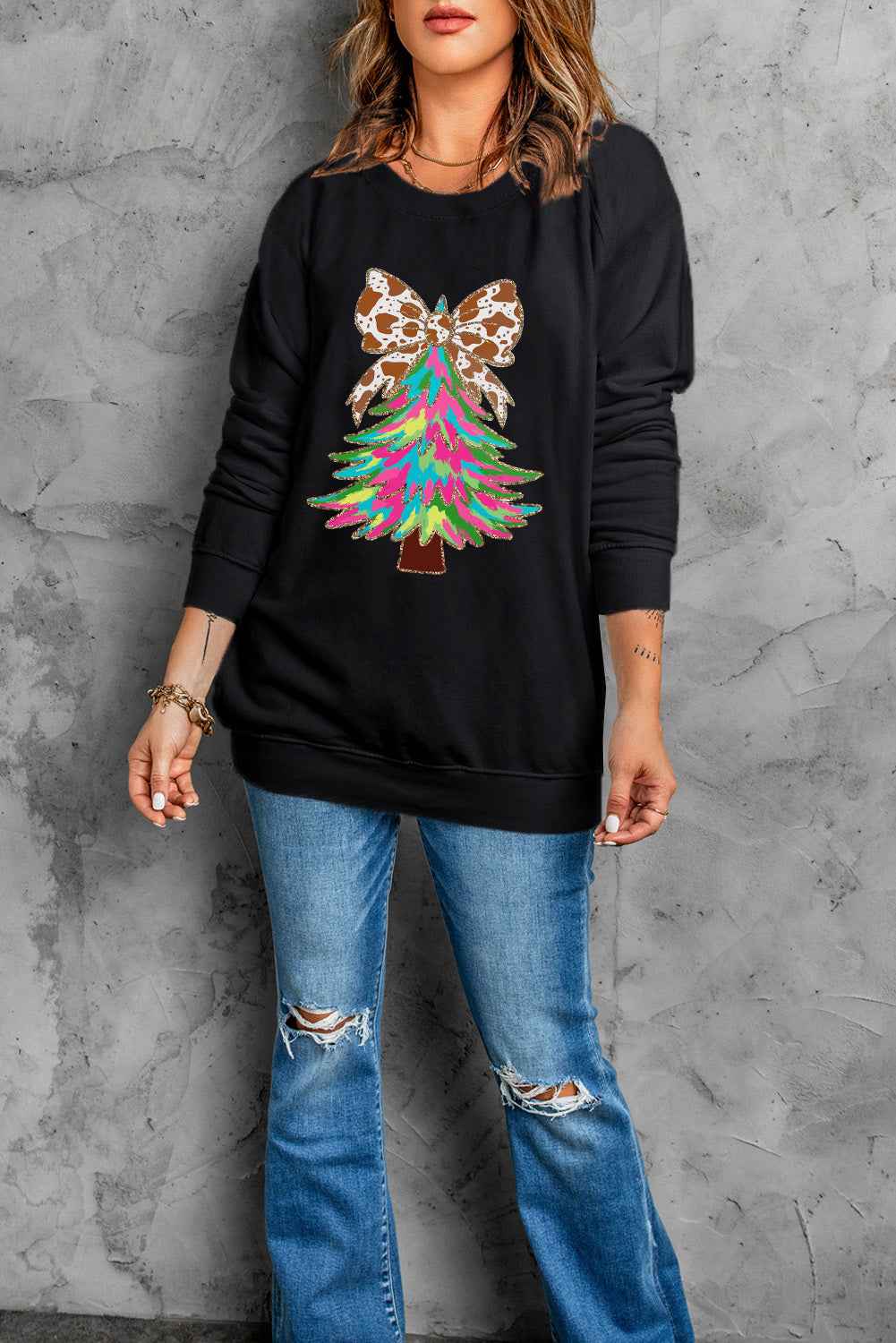 Black Shiny Bowknot Christmas Tree Graphic Heat Transfer Printing Round Neck Sweatshirt 6528c69f02780c2a