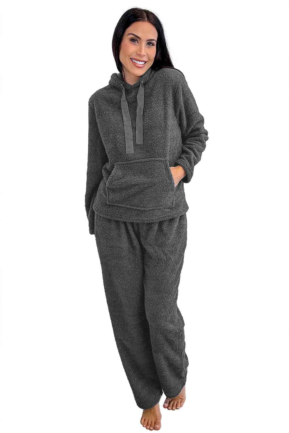 Medium Grey Fuzzy Drawstring Hoodie Lounge Pants 2pcs Set 65756789c3711a83