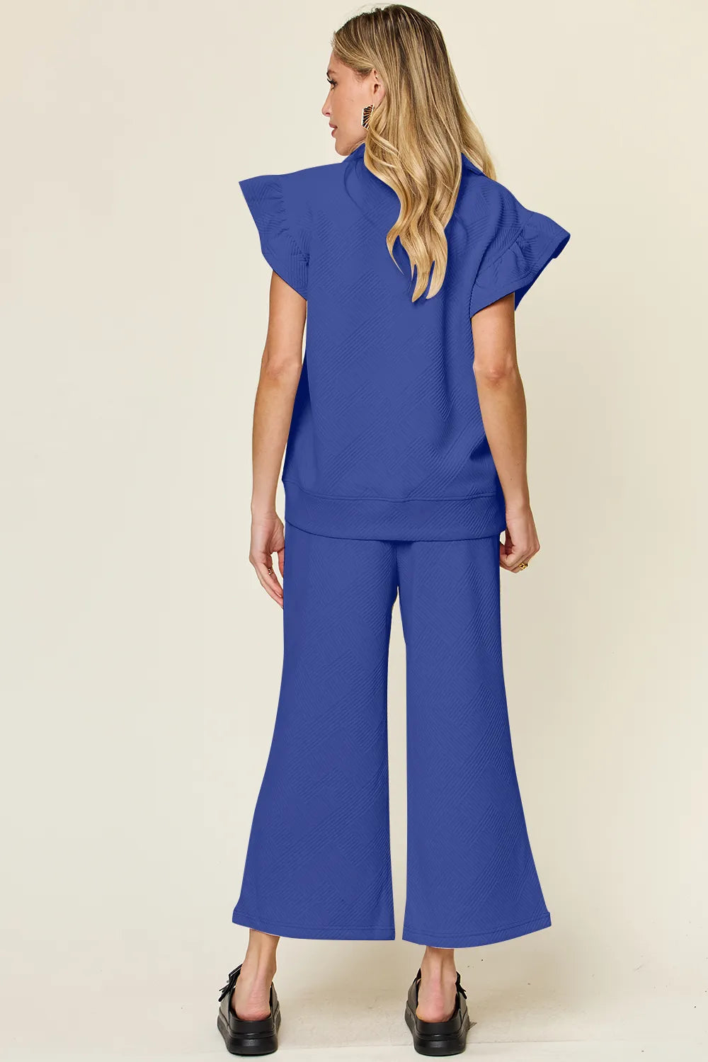 Double Take Texture Ruffle Short Sleeve Top and Drawstring Wide Leg Pants Set 65ab3d86-79f3-4b38-a989-26774acda147-Max