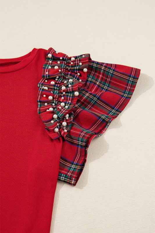 Plus Size Christmas Plaid Pearl Ruffle Sleeve Holi 660aeb2a-855a-49db-b988-07292e23cbc1