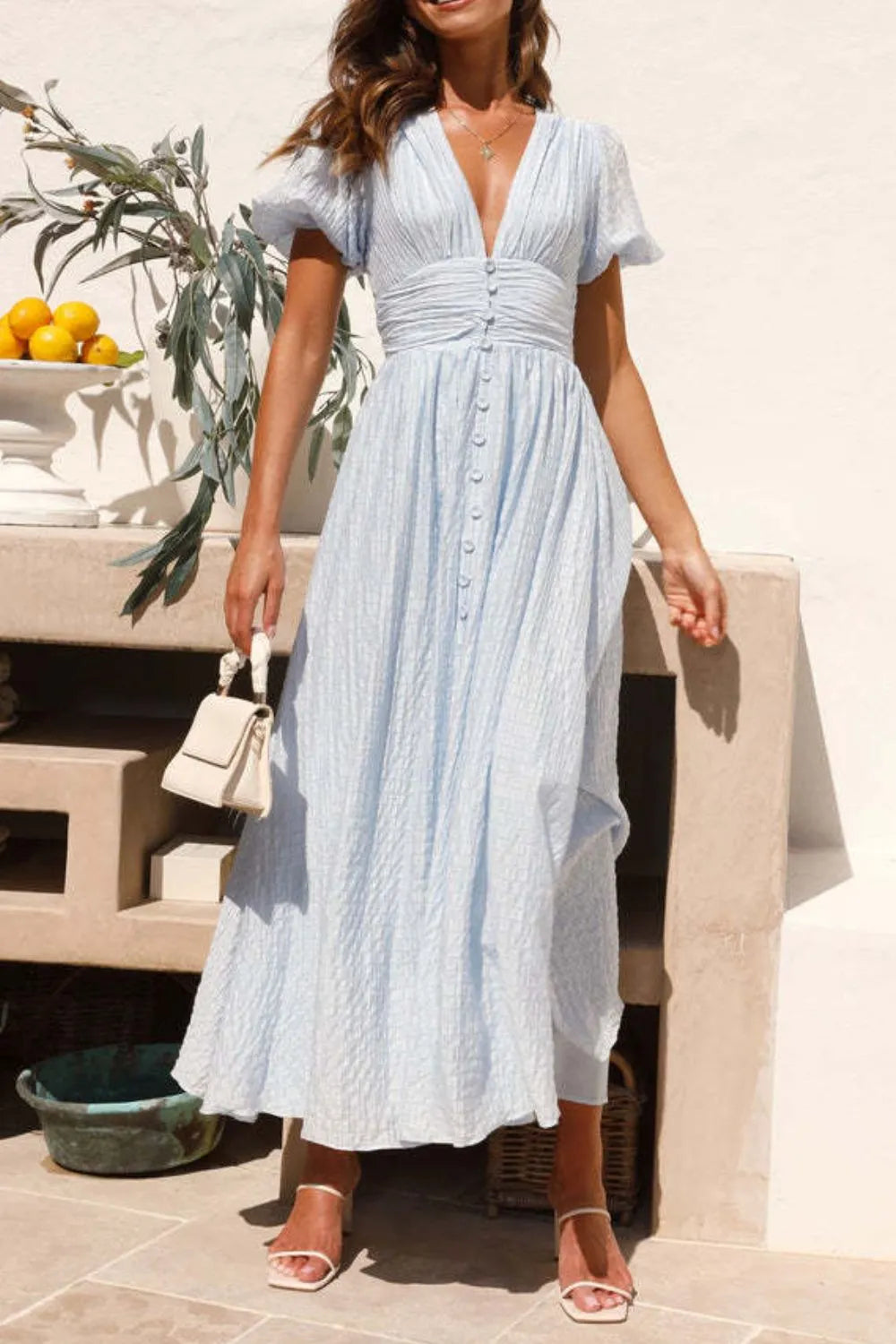 V-Neck Puff Short Sleeve Midi Dress 66165523-93a3-4a13-8375-63ded77f618b-Max-Origin