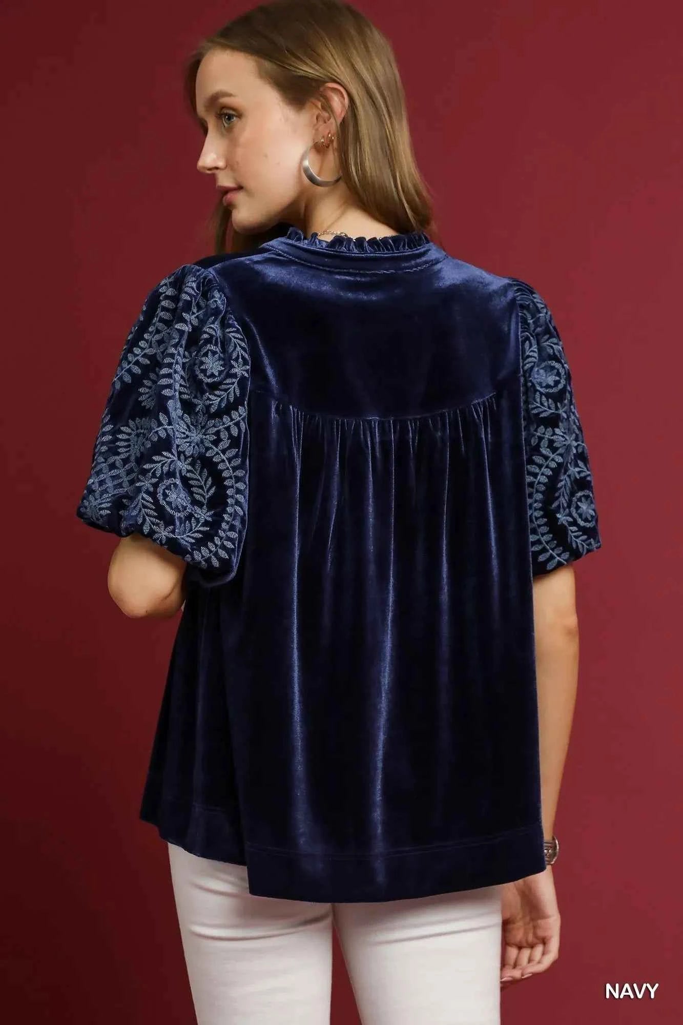 Umgee Full Size Velvet Embroidered Sleeve Blouse Plus Size 661e555d-9830-4c96-9d74-b8c6544dccda-Max-Origin