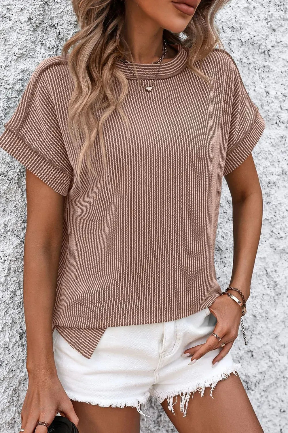 Mandy Striped Round Neck Short Sleeve T-Shirt Camel 66493e1e-fd45-4254-bc04-4ab0e3f0dcad-Max