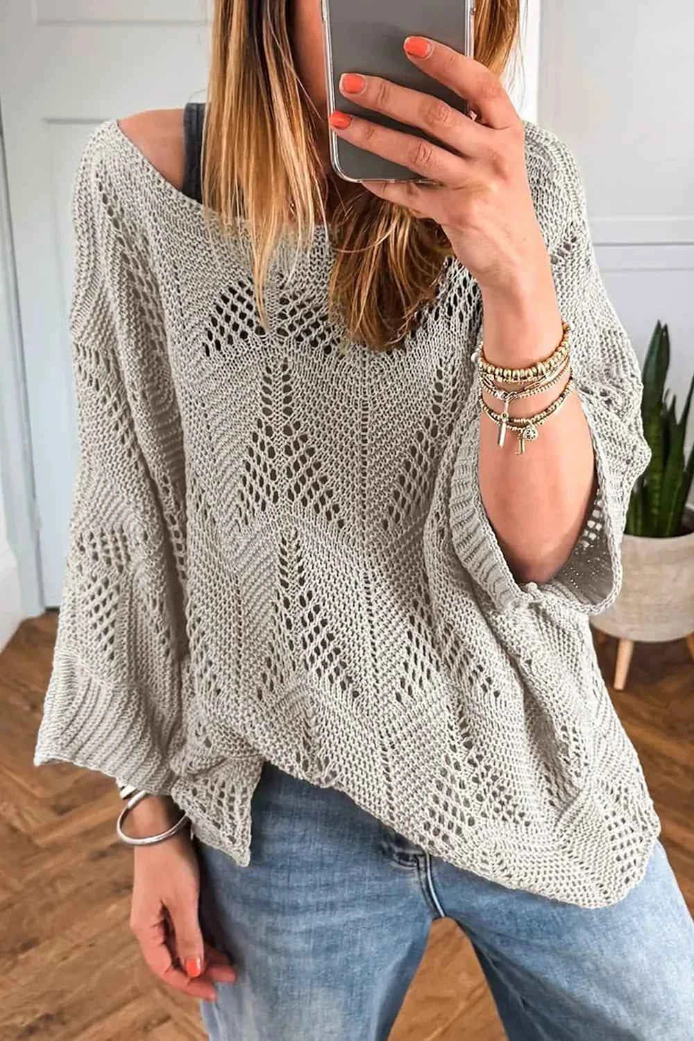 Openwork Round Neck Knit Top Gray 6659001b-fbbd-4ad0-ba70-b3689cc84170-Max-Origin