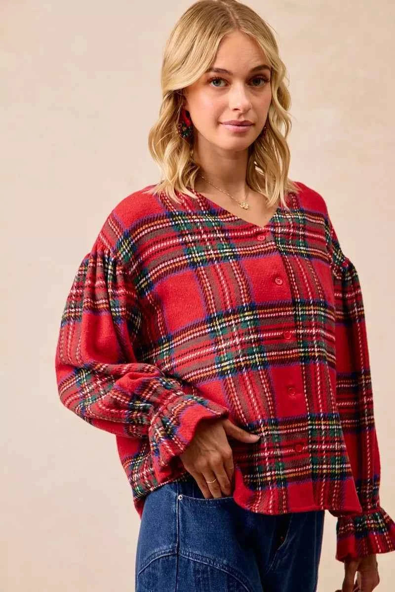 BiBi Christmas Plaid V-Neck Flounce Sleeve Jacket 66966aa555a7474b9f9299a6a34fa0b2-Max-Origin