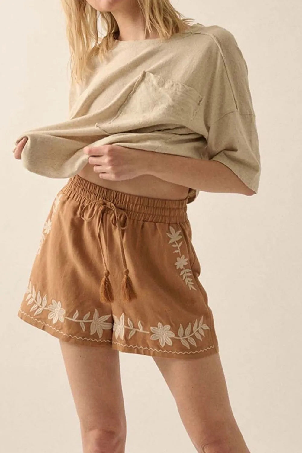 Embroidered Boho Tasseled Drawstring Elastic Waist Casual Shorts 66a0b137-ee89-46dc-a9d5-7d37d630f0aa-Max-Origin