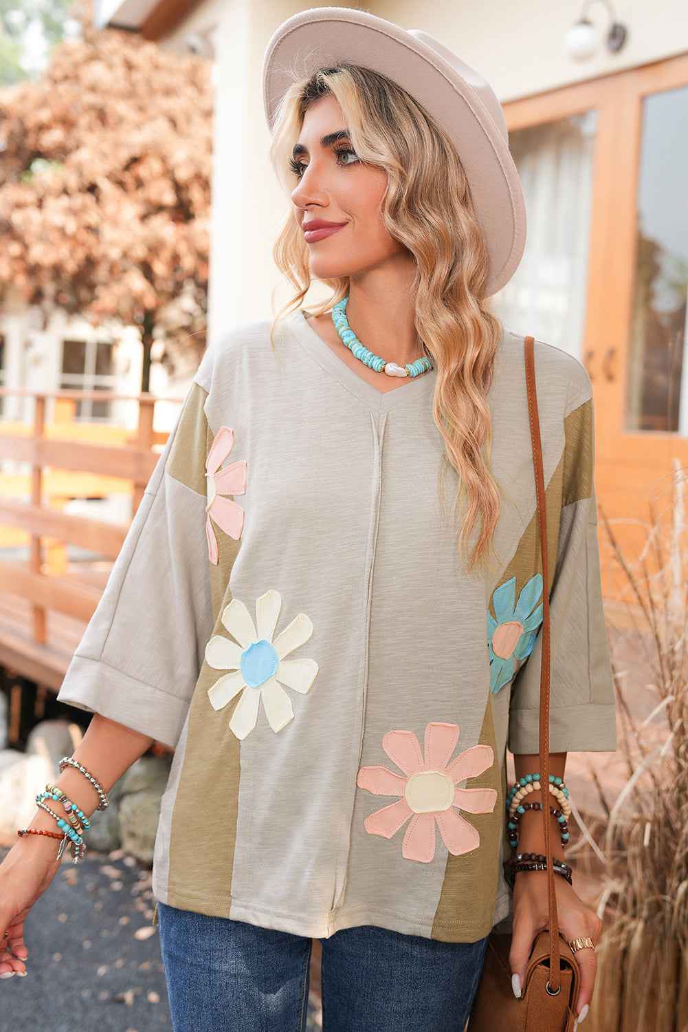 Light Blue Flower Patched Exposed Seam 3/4 Sleeve top 66d81a4f6619b799