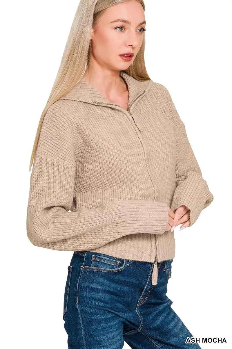 Zenana Ribbed Collared Zip Up Sweater Cardigan 67125514f4b64143bca9bfc8aec8ac70-Max-Origin