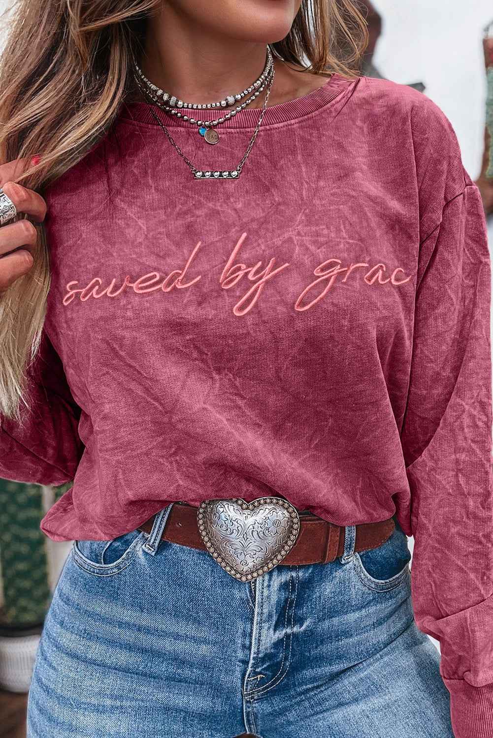 Real Teal saved by grace Letter Embroidery Mineral Wash Loose Sweatshirt Mineral Red 85%Cotton+15%Polyester 67ff575938ec9503