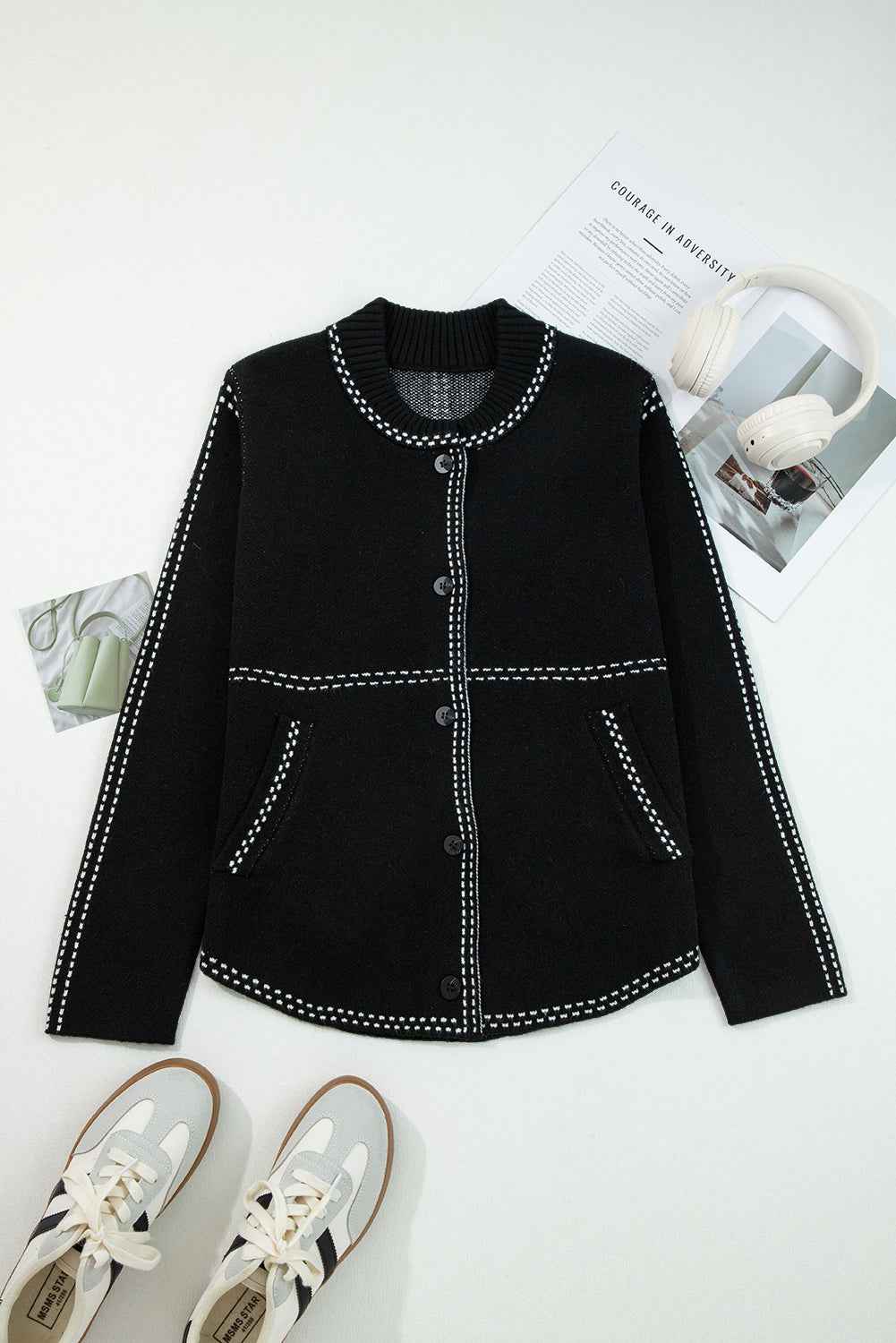 Black Bomber Contrast Trim Snap Button Long Sleeve Cardigan 682a05d238269b2c