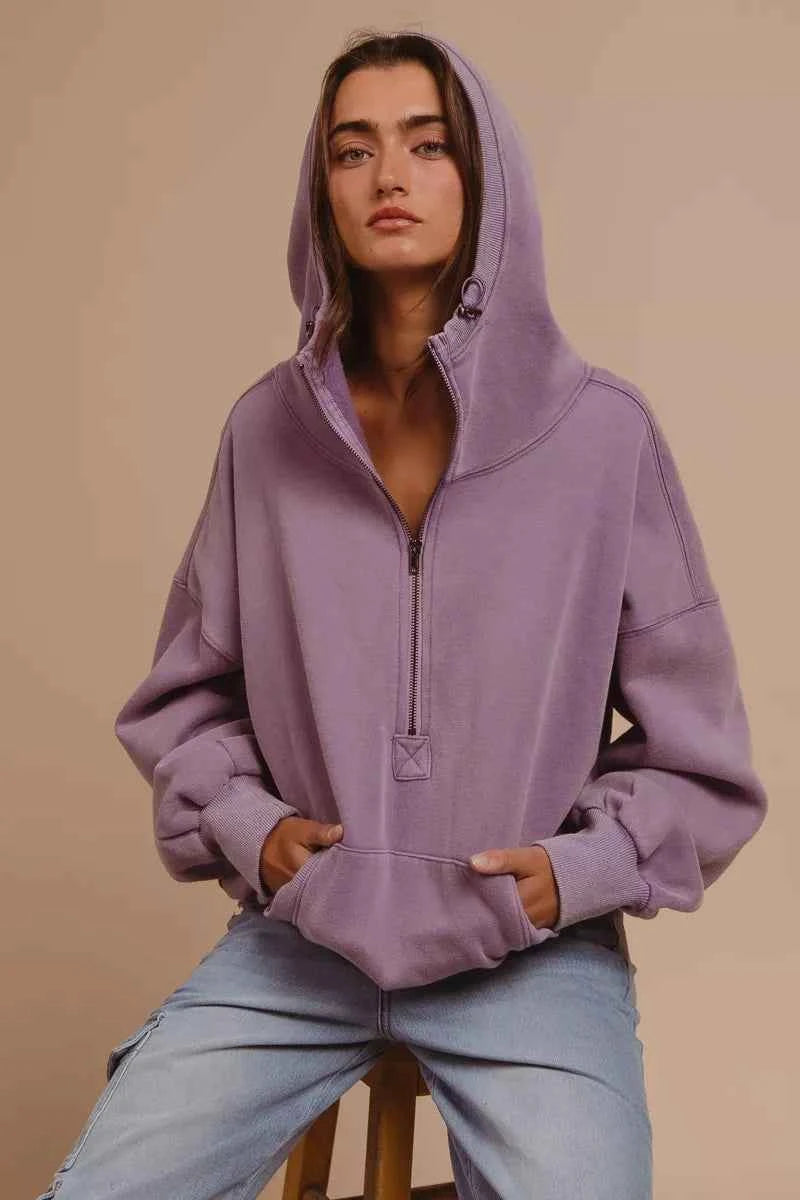 BiBi Stitch Detailed Elastic Hem Half Zip Fleece Hoodie 683b8d69-43a4-4e64-a097-85baaac00a7c-Max-Origin