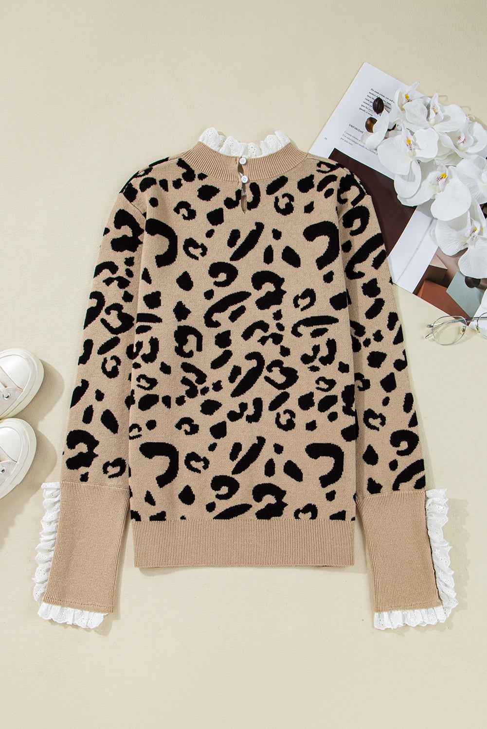 Brown Leopard Pattern Lace Trim Ribbed Detail Button Cuffed Sweater 684f633309eabdae