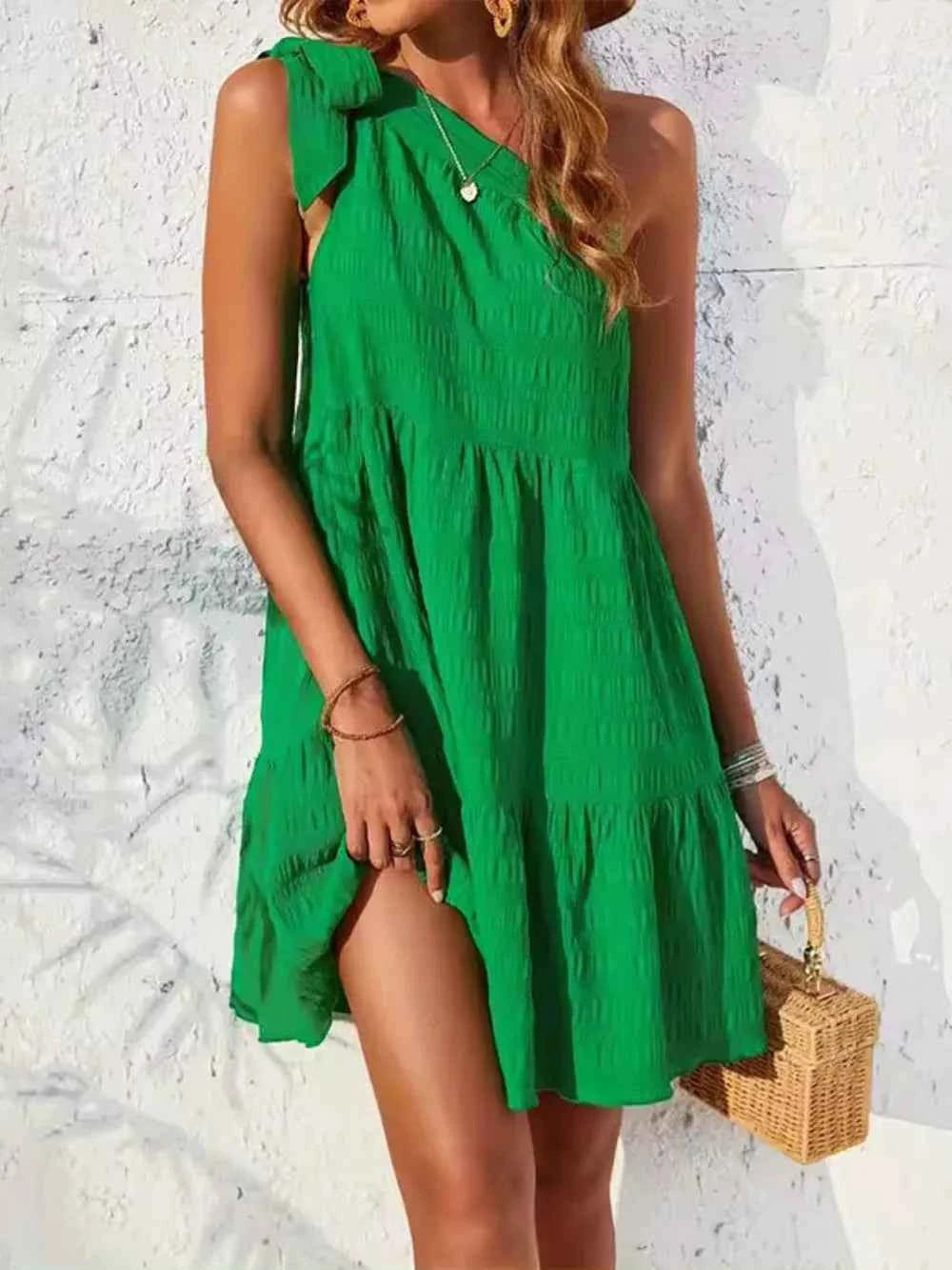 Textured Tied Single Shoulder Mini Dress Green 685d6971-8a89-4cd5-987b-4c15d1d12ea0-Max