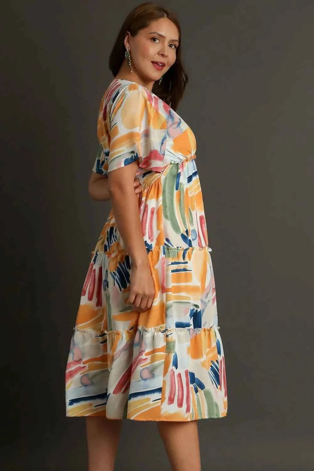 Umgee Full Size Abstract Print Flutter Sleeve Frill Tiered Midi Dress Plus Size 68bda17b-85ea-4b59-99ce-b5e9a0efaa1b-Max