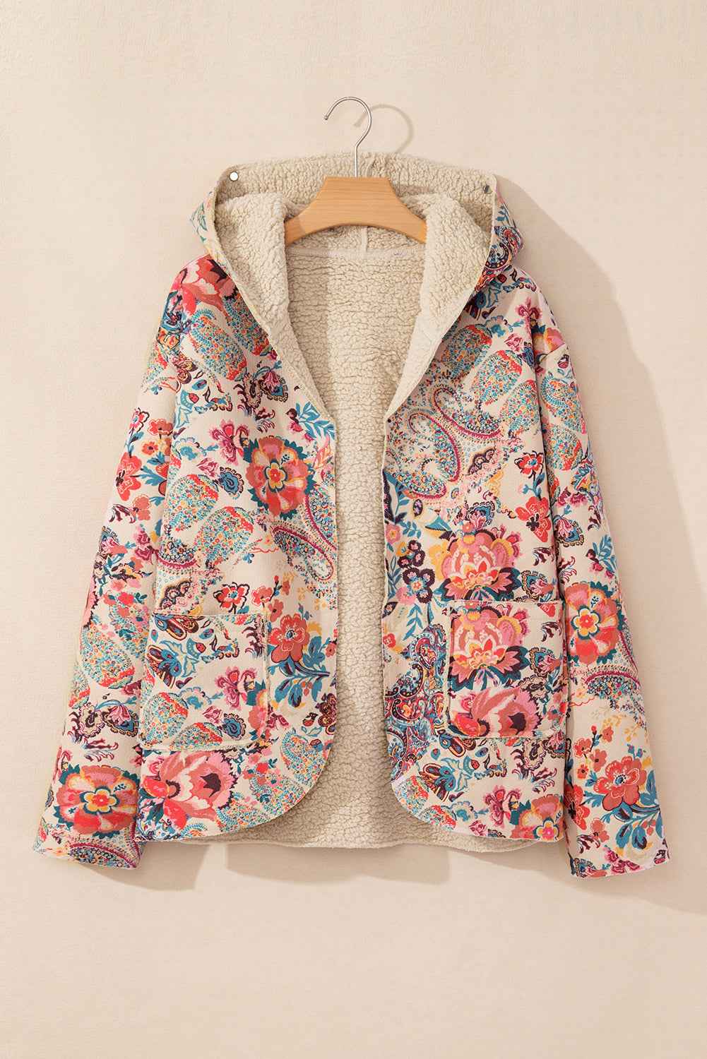 Beige Vintage Paisley Floral Printed Sherpa Lined Hooded Jacket 68d2cb6c9c4bf921