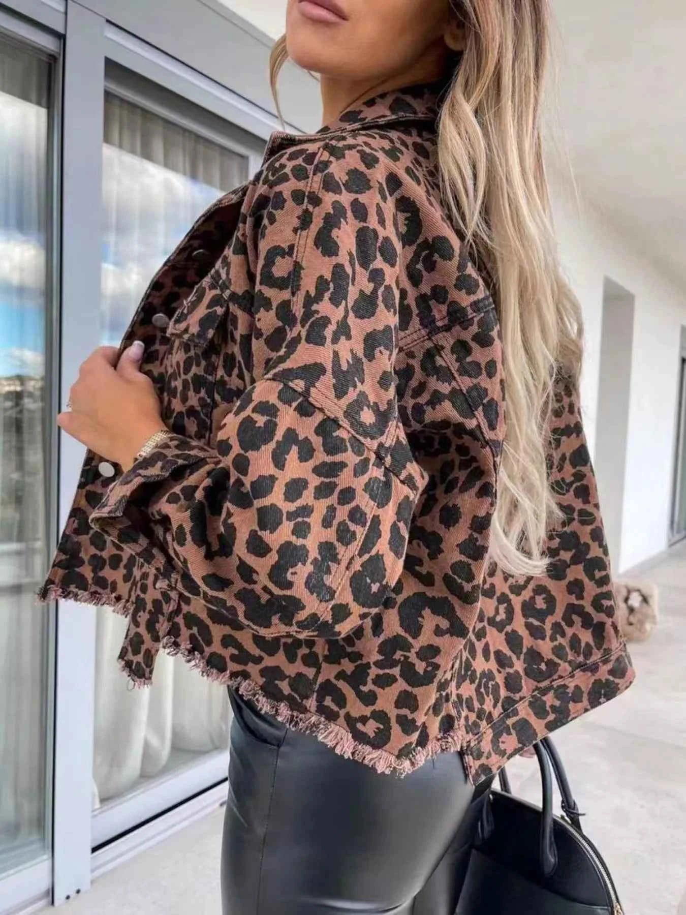 Leopard Print Raw Hem Denim Jacket 692bcb1ef4484f959855dba9625e0583-Max-Origin