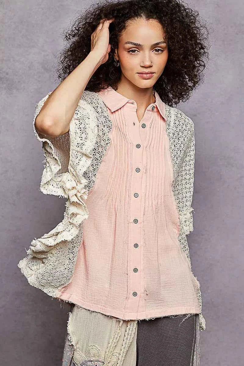 POL Button Down Front Pleated Shirt with Crochet Patch