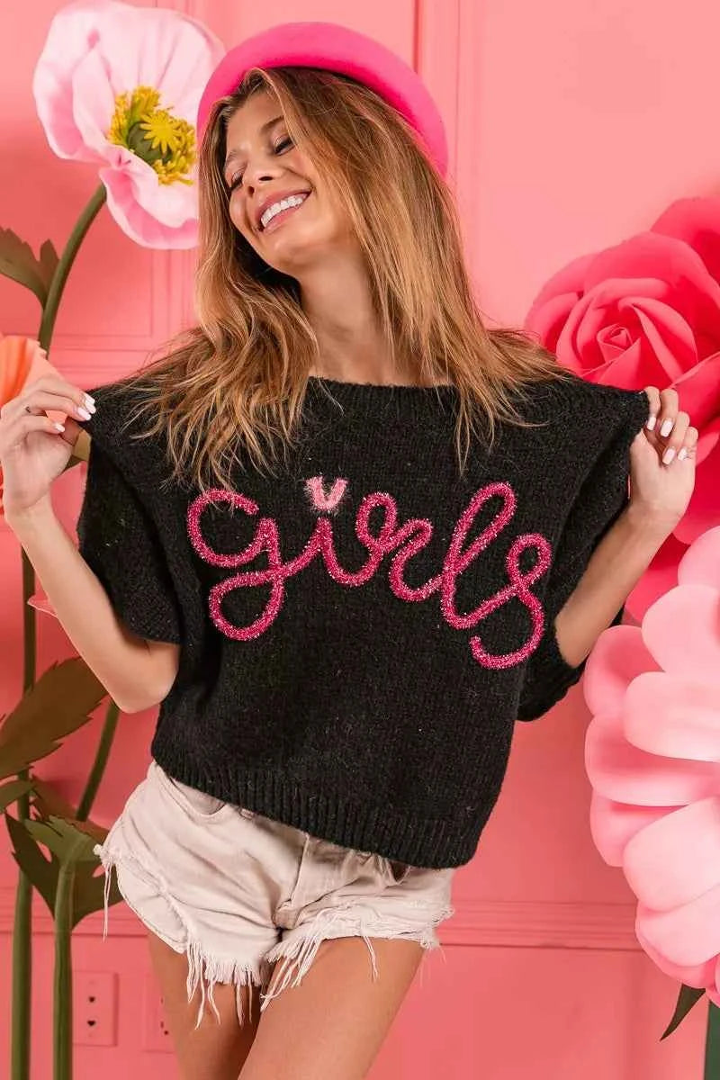 BiBi Metallic Letter Short Puff Sleeve Hairy Sweater