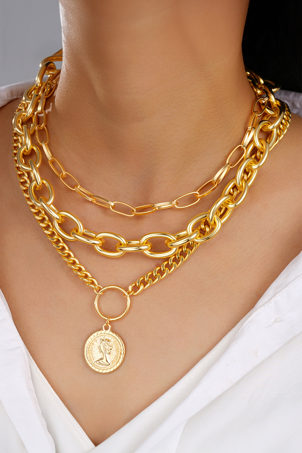 Gold 3pcs Coin Pendant Chain Alloy Necklace Set Gold ONE SIZE Alloy 699e929f2f5afc4b