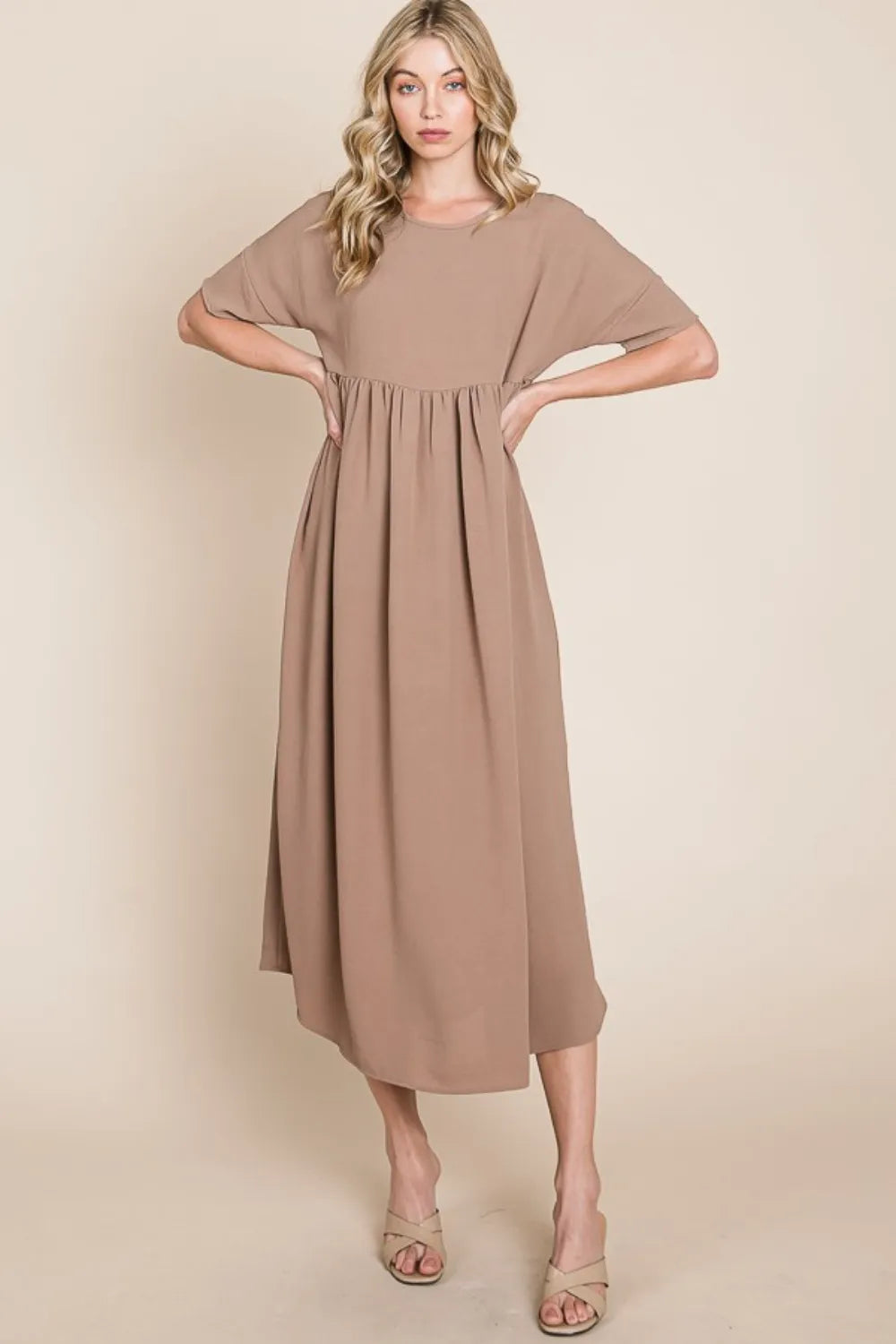 BOMBOM Round Neck Ruched Midi Dress Mocha 69aa1786-b4ef-4cdd-a494-ccc3273ad520-Max