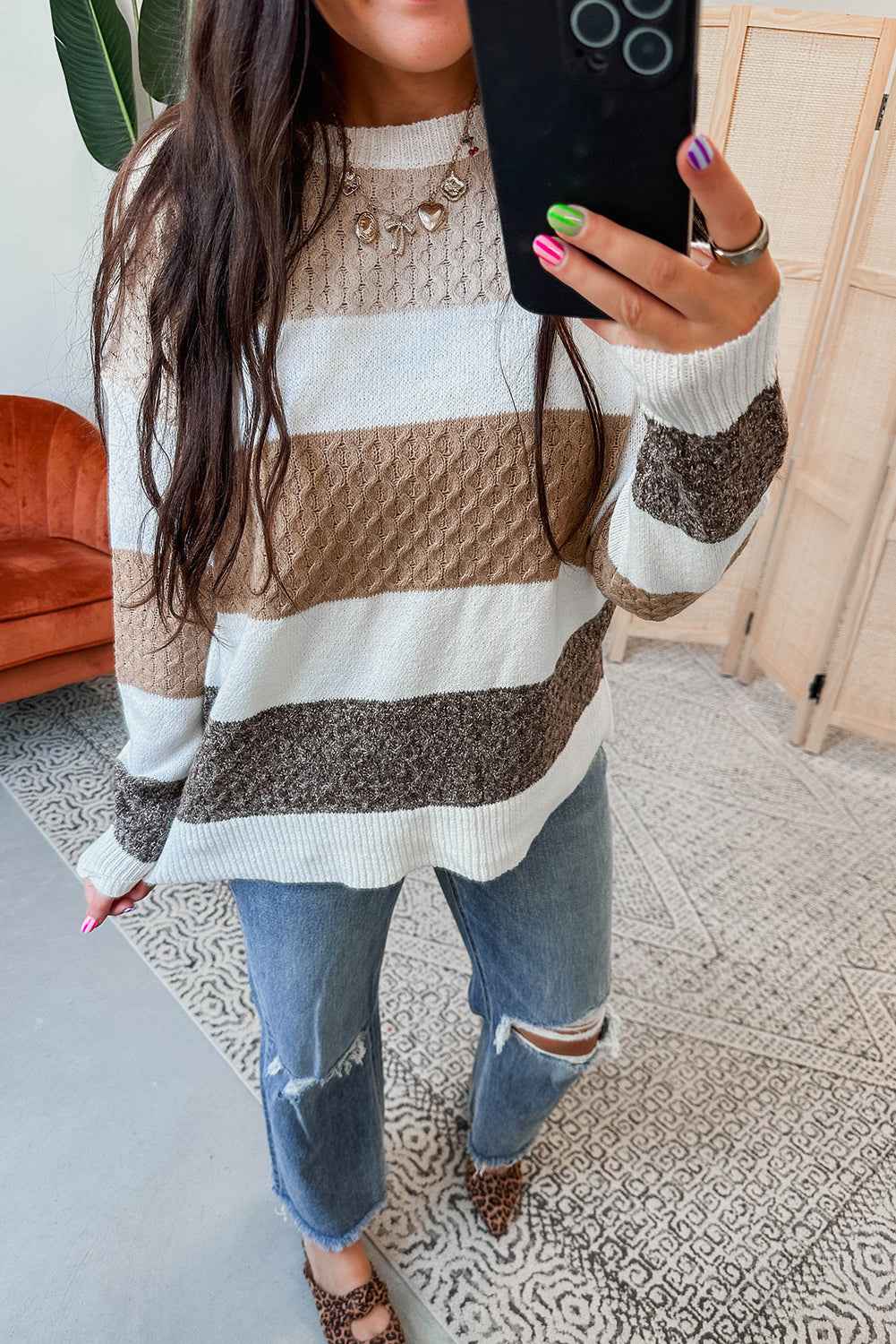 Brown Mixed Texture Knit Striped Colorblock Loose Sweater 69c4ce8397b6bc98