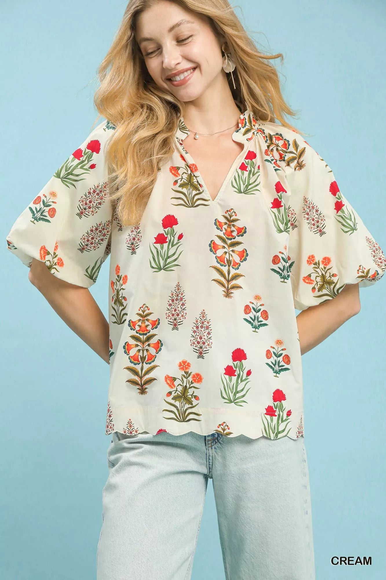 Umgee Floral Print Puff Sleeve Scallop Hem Blouse CREAM 6a652305-6dd1-4b29-b958-2030ec6e0e3f-Max-Origin